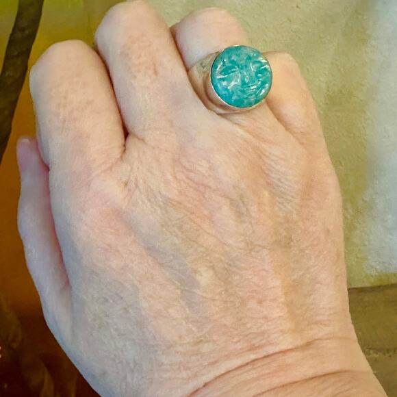 Custom made Carved Moon Face Amazonite .925 Ring 7.25 - Picture 6 of 7